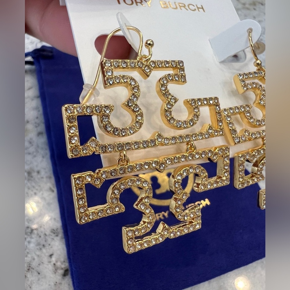 🔥Brand New NWT Tory Burch TB Logo Britton Pave Diamond Gold Statement Earrings